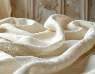 Fototapeta premium Soft folds of cream-colored fabric with subtle texture.