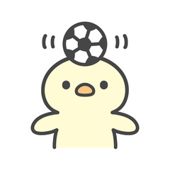 サッカーボールを頭に乗せて遊ぶかわいいひよこの手書きイラスト © Nitomaru