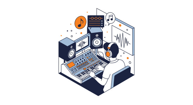 Man making music at a desk with a synth and pro gear in a home studio