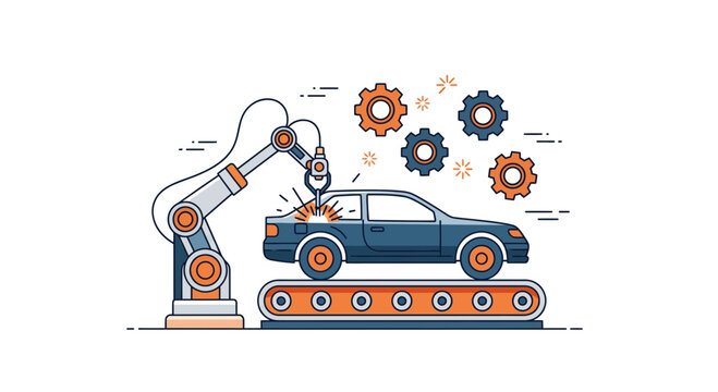 Automated car assembly line with robotic arm welding vehicle on conveyor belt in industrial factory plant