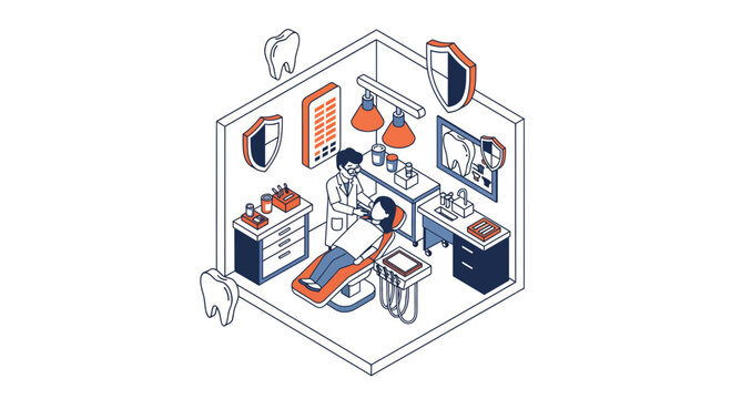 Professional dentist treating patient in modern isometric dental clinic room with medical equipment and tooth icons