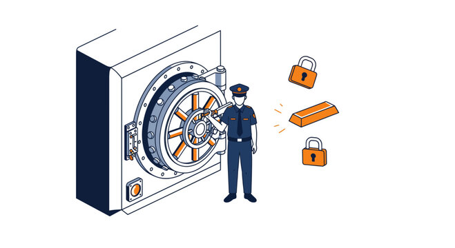 Security guard protecting bank vault with gold bars and lock icons for financial safety and asset protection
