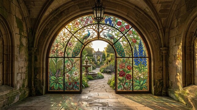 Stunning stained glass window showcasing a vibrant garden scene with peacocks, leading to an arched entrance