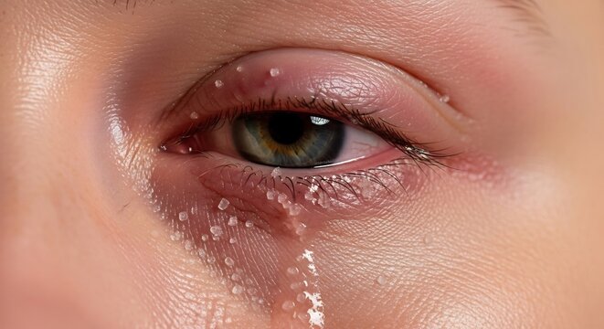 Close-up of a Human Eye with Multiple Small Bumps on the Eyelids and Tears.