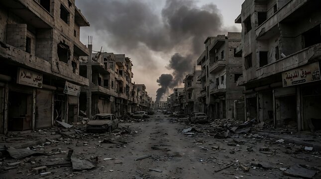 Devastated city street showing destroyed buildings war aftermath rubble debris and smoke rising in overcast sky conveying conflict and destruction of urban environments and infrastructure.