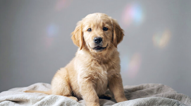 Adorable golden retriever puppy with light golden fur sits calmly looking directly forward with soft eyes.