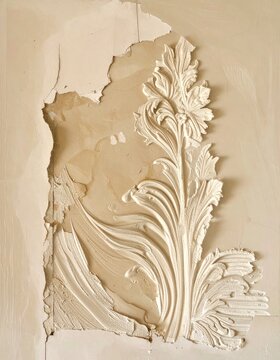 An ornate plasterwork detail is revealed as sections of wall peel away, showcasing intricate floral and leafy motifs.