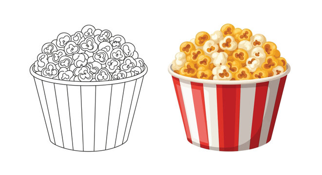 Vector graphic illustration showcasing a colorful movie theater popcorn bucket next to a black and white outline version