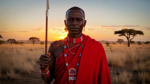 Portrait of Maasai warrior in traditional red shuka with spear standing in African savannah at sunset