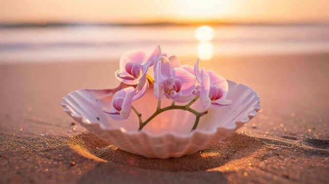 Pink orchid flowers in a seashell on sandy beach with glowing sunset background
