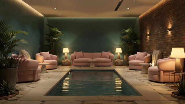 Cozy indoor lounge area with modern pink sofas, warm lighting, plants, and a central swimming pool for relaxation