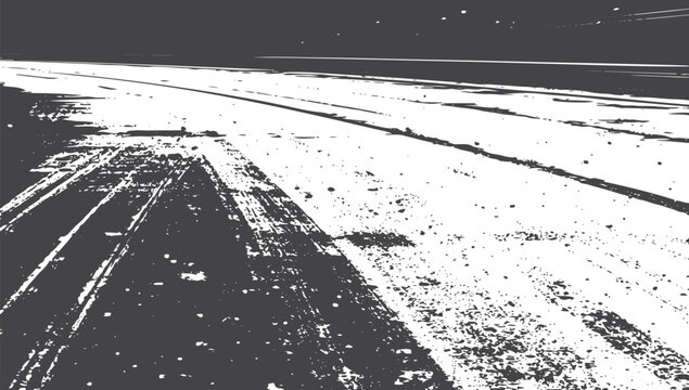 Contrast black and white asphalt road surface with tire tracks and perspective lines