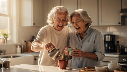 Obraz premium Cheerful retired couple bonding during morning routine, real emotions and aging gracefully
