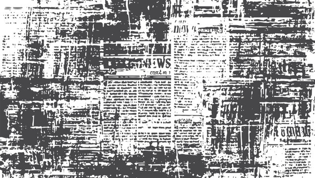 Distressed black and white newspaper collage texture with blurred text and ink smudges