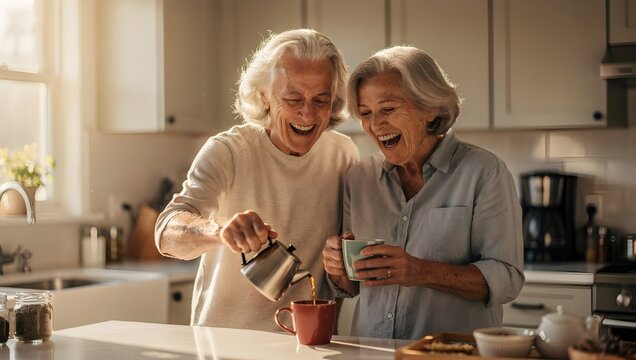 Cheerful retired couple bonding during morning routine, real emotions and aging gracefully