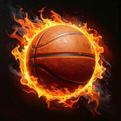 Fototapeta premium A basketball surrounded by a ring of flames on a dark background