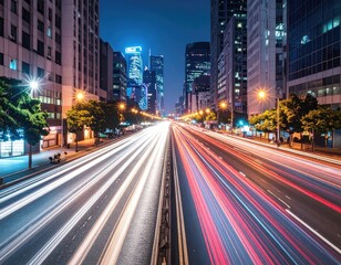 Fototapeta premium A long exposure shot captures the streaking lights of traffic on a busy city street at night, illuminating the surrounding skyscrapers.