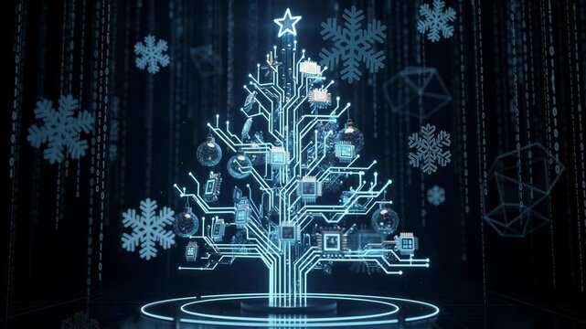 Futuristic digital Christmas tree with glowing circuits and tech decorations in cyber winter scene