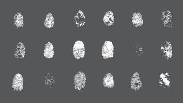 Set of white fingerprint patterns on a solid dark gray background