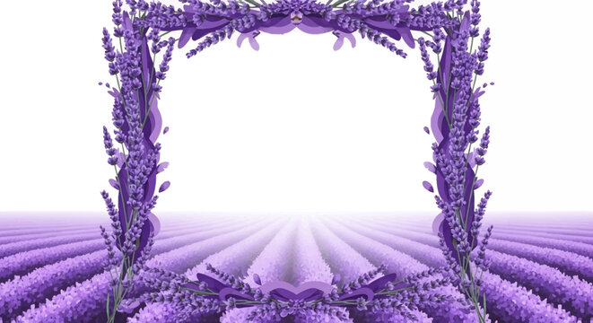Lavender Field Frame Archway with Rows of Purple Flowers and Horizon