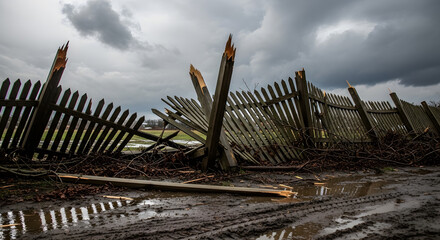 Fototapeta na wymiar Damaged wooden fence collapsing in muddy field under stormy sky 