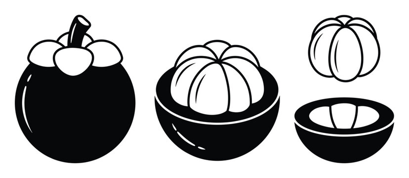 Mangosteen fruit silhouette set showing whole and peeled tropical fruit pieces in minimalist design