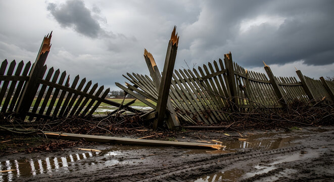 Damaged wooden fence collapsing in muddy field under stormy sky  