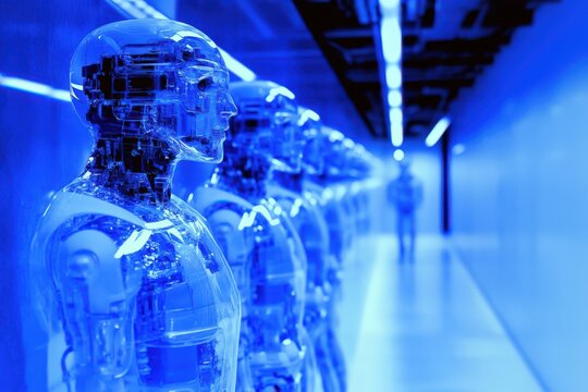  Row of Transparent Glass Humanoid AI Robots in Blue Lit Futuristic Corridor Vanishing Point Perspective