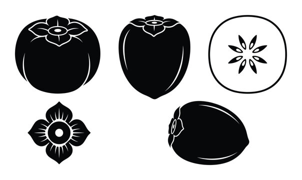 Persimmon fruit silhouette collection featuring whole fruit side view slice and floral calyx icons