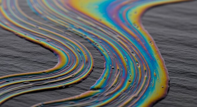 Iridescent Oil Slick Pattern on Dark Textured Surface.