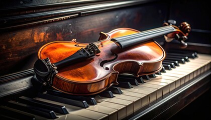 Fototapeta premium A violin rests elegantly on the keys of a grand piano.