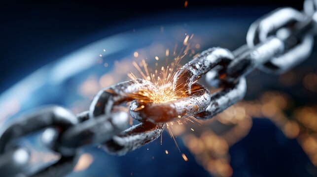 Steel chain link with sparks and blurred globe background