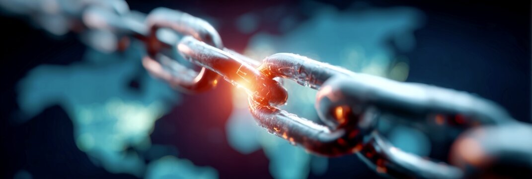 Snapped steel chain with sparks against world map, broken supply chain concept