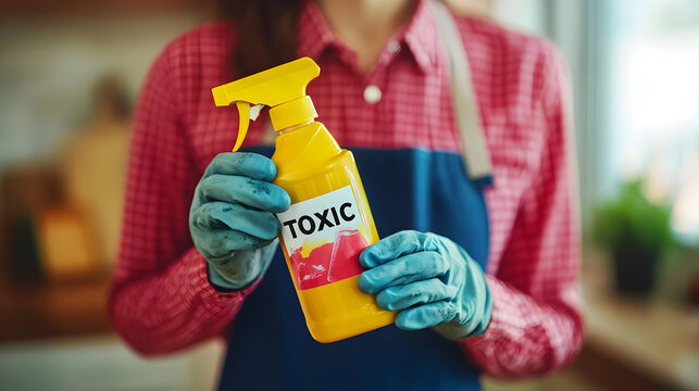Cleaning worker wearing protective gloves holding a yellow spray bottle with toxic warning label