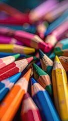 Obraz premium A vibrant and colorful close-up view of numerous sharpened colored pencils.