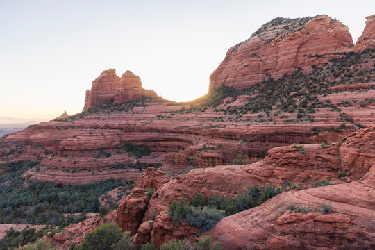 Rounded red rock formations at sunset in Sedona