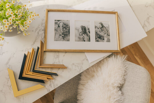 Elegant family picture frame on marble desk