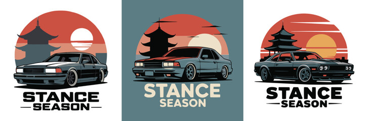 Three stylized automotive graphics featuring aggressively lowered Japanese classic cars against rising suns and pagodas