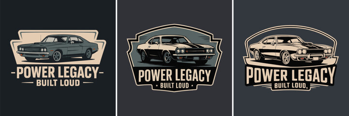 Obraz premium Collection of three vintage American muscle car emblems featuring powerful designs perfect for apparel.