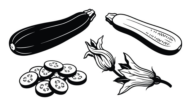 Zucchini whole half sliced and flower black silhouette vector graphic, summer squash illustration