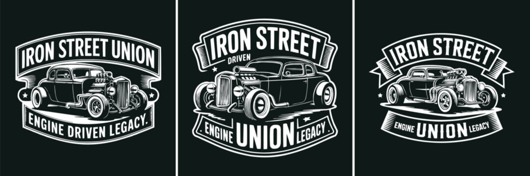 Collection of three distinct vintage hot rod car emblems featuring powerful engines and classic street rod designs