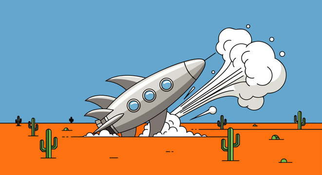 cartoon rocket crash landing in a desert kicking up smoke illustrating concepts of failure error or unexpected results
