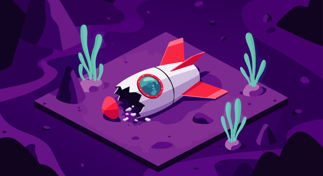 crashed rocket and alien egg discovered on a mysterious extraterrestrial landscape in an isometric sci-fi adventure illustration