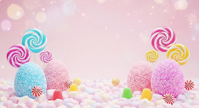 A whimsical Easter scene featuring colorful candy eggs and lollipops on a bed of pastel-hued sweets against a soft pink background