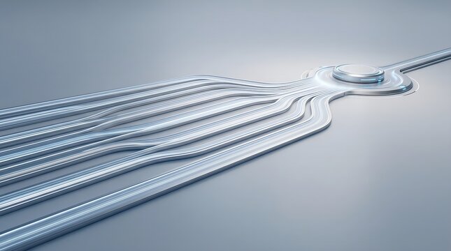 A close-up view of metallic wires merging into a single pathway on a reflective surface