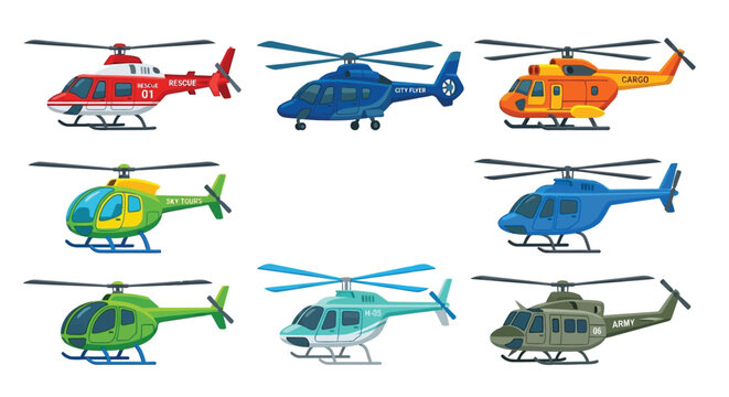 Colorful cartoon helicopters in various designs and emergency services