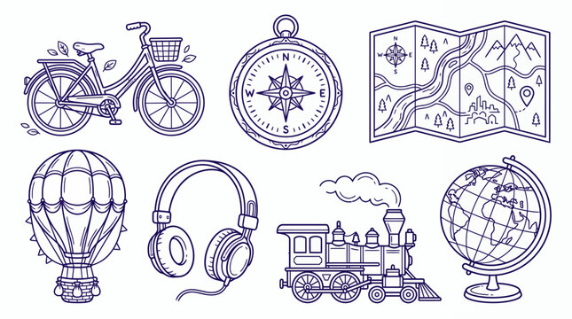 Hand drawn vintage travel elements including bicycle compass map hot air balloon headphones steam train and globe line art, concept for tourism brochure, adventure branding and advertising