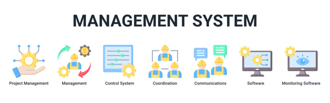 Management System web banner icon vector illustration with icons of Project Management,Management,Control System,Coordination,Communications,Software and Monitoring Software