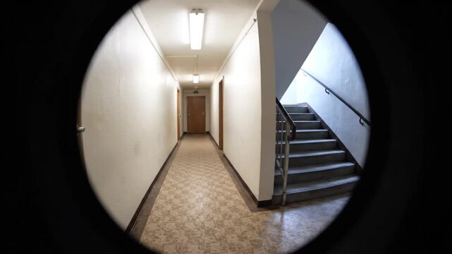 View through a peephole of a dimly lit hallway with stairs and doors leading to rooms in a building