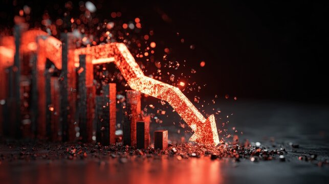 Economic Downturn: A visual metaphor of financial instability, with a red arrow plunging downwards, illustrating the concept of a recession and economic crisis.